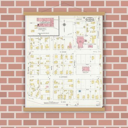 Old map wall art mockup — magnetic wood frame on brick wall — Sanborn Fire Insurance Map from Valparaiso, Porter County, Indiana (1910), Sheet #0007