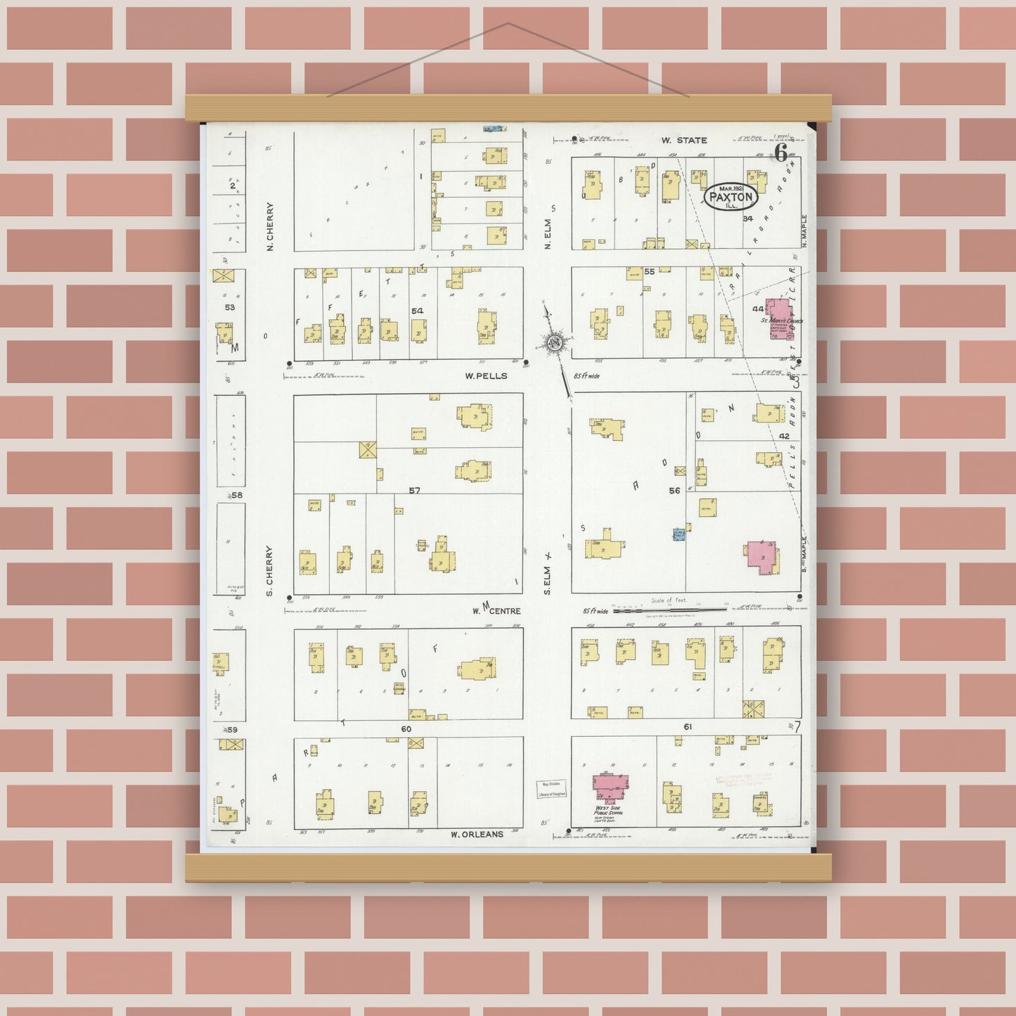 Old map wall art mockup — magnetic wood frame on brick wall — Sanborn Fire Insurance Map from Paxton, Ford County, Illinois (1921), Sheet #0006