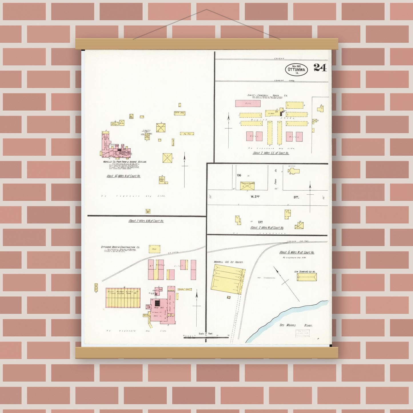 Old map wall art mockup — magnetic wood frame on brick wall — Sanborn Fire Insurance Map from Ottumwa, Wapello County, Iowa (1902), Sheet #0024