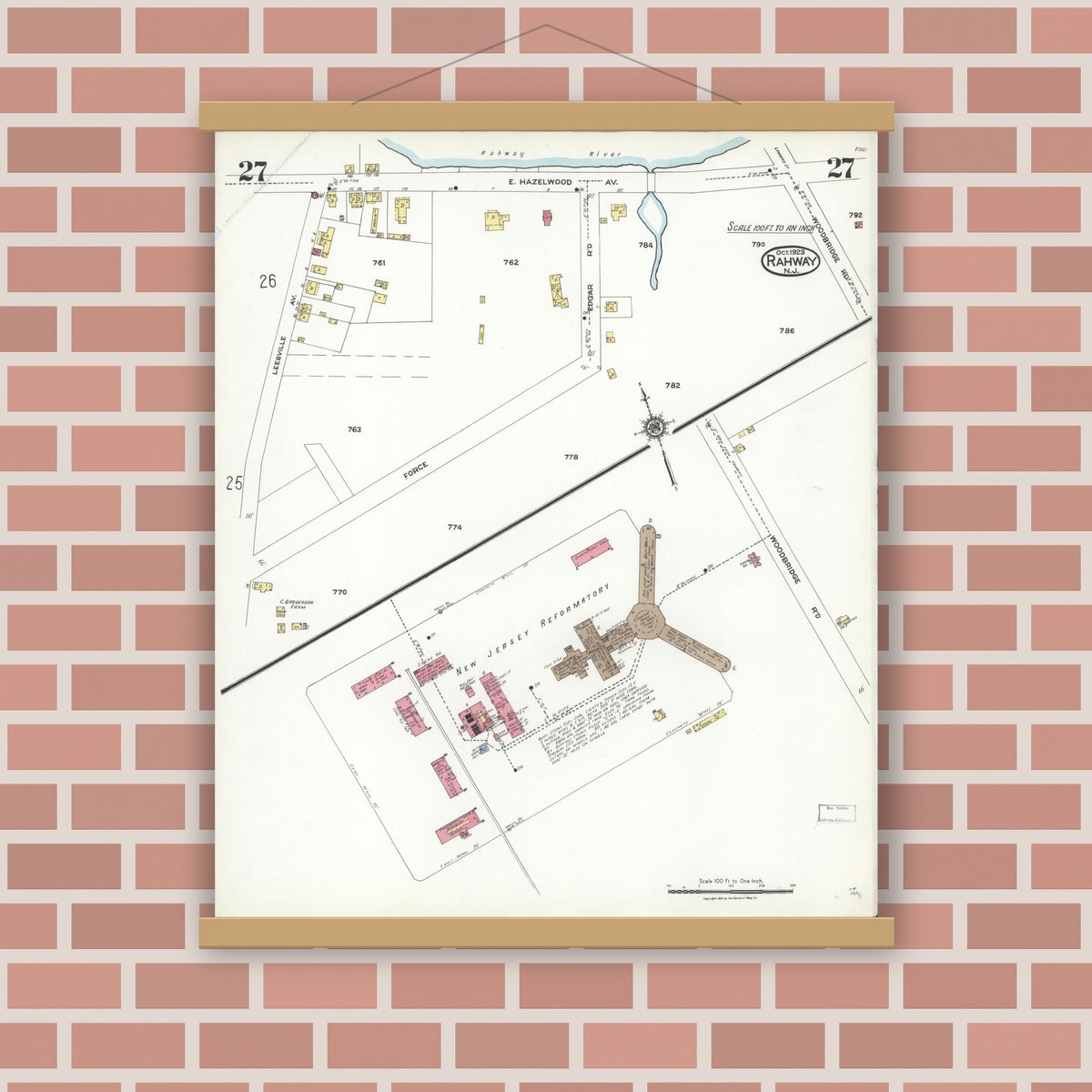 Old map wall art mockup — magnetic wood frame on brick wall — Sanborn Fire Insurance Map from Rahway, Union County, New Jersey (1923), Sheet #0027