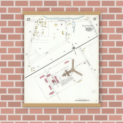Old map wall art mockup — magnetic wood frame on brick wall — Sanborn Fire Insurance Map from Rahway, Union County, New Jersey (1923), Sheet #0027