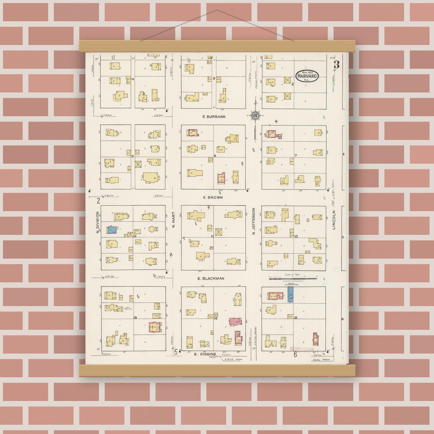 Old map wall art mockup — magnetic wood frame on brick wall — Sanborn Fire Insurance Map from Harvard, McHenry County, Illinois (1922), Sheet #0003