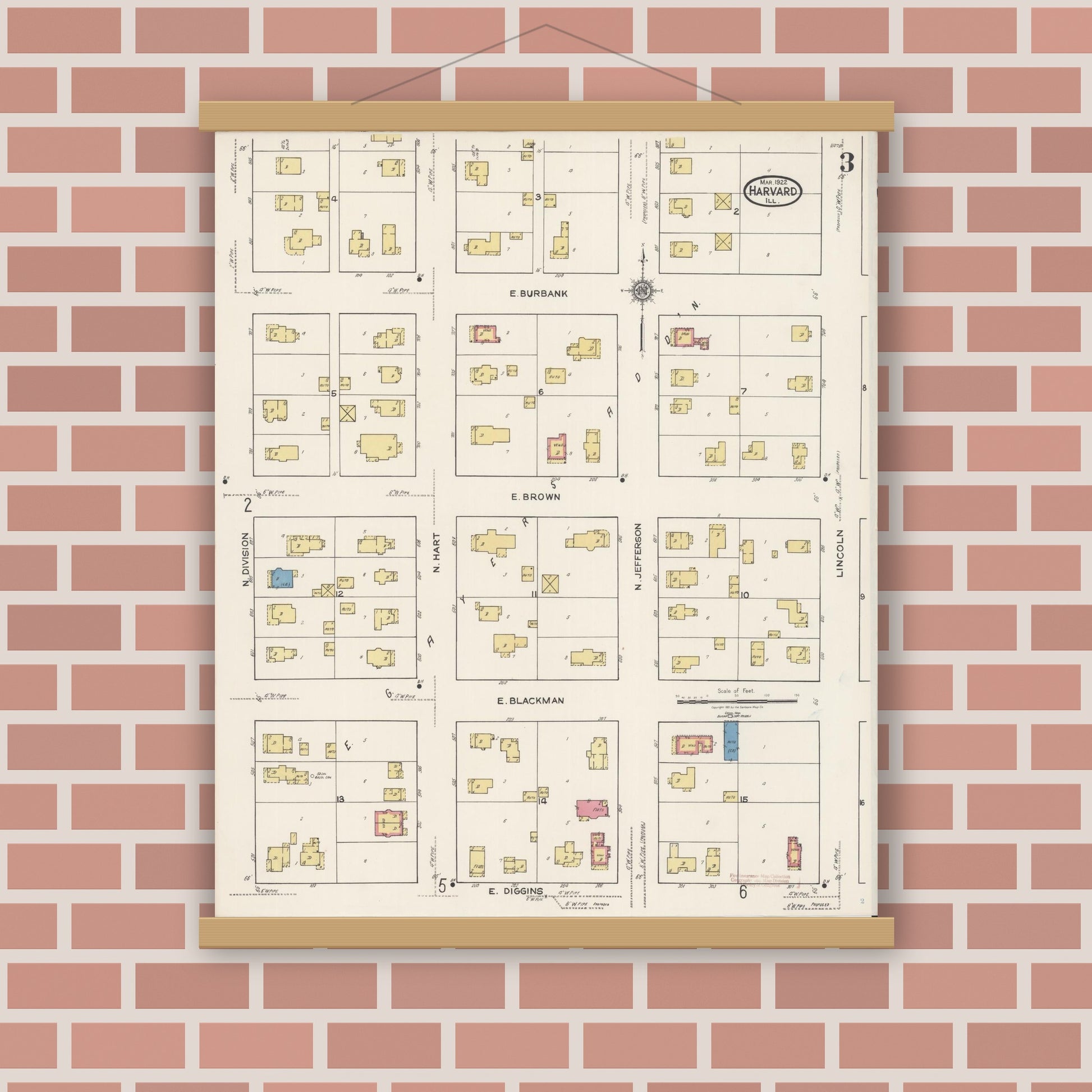 Old map wall art mockup — magnetic wood frame on brick wall — Sanborn Fire Insurance Map from Harvard, McHenry County, Illinois (1922), Sheet #0003