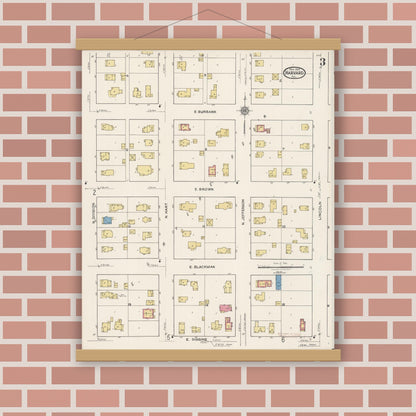 Old map wall art mockup — magnetic wood frame on brick wall — Sanborn Fire Insurance Map from Harvard, McHenry County, Illinois (1922), Sheet #0003