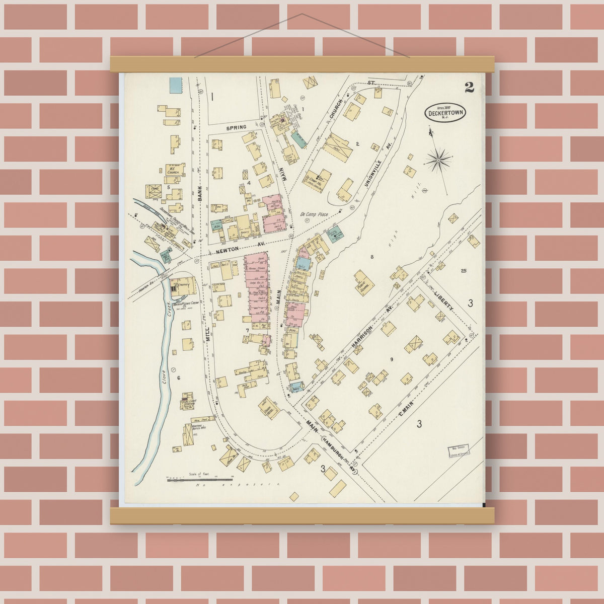Old map wall art mockup — magnetic wood frame on brick wall — Sanborn Fire Insurance Map from Deckertown, Sussex County, New Jersey (1897), Sheet #0002