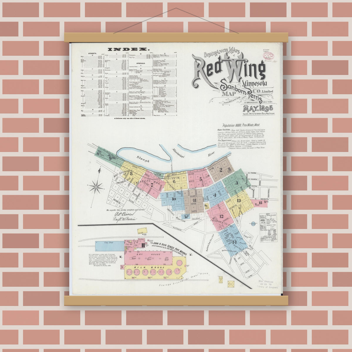 Old map wall art mockup — magnetic wood frame on brick wall — Sanborn Fire Insurance Map from Red Wing, Goodhue County, Minnesota (1895), Sheet #0001