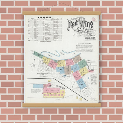Old map wall art mockup — magnetic wood frame on brick wall — Sanborn Fire Insurance Map from Red Wing, Goodhue County, Minnesota (1895), Sheet #0001