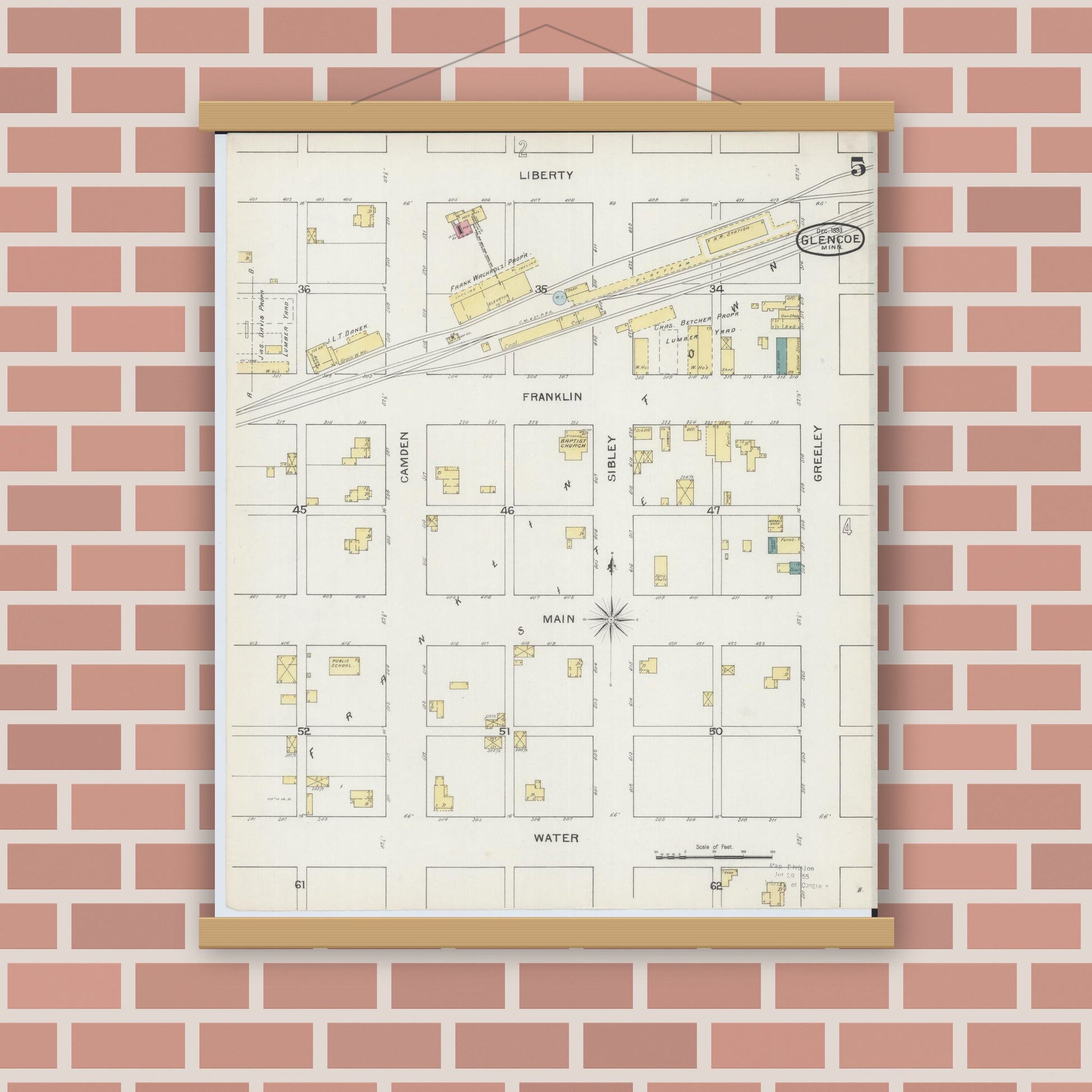 Old map wall art mockup — magnetic wood frame on brick wall — Sanborn Fire Insurance Map from Glencoe, Mcleod County, Minnesota (1893), Sheet #0005