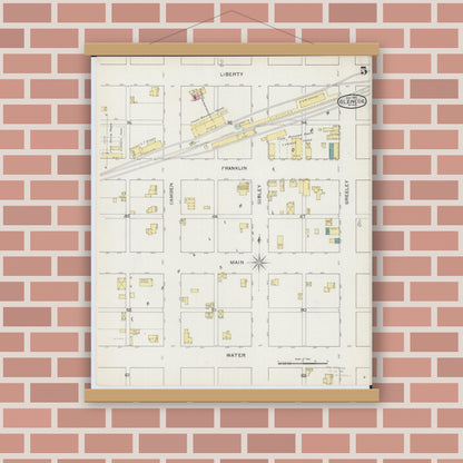 Old map wall art mockup — magnetic wood frame on brick wall — Sanborn Fire Insurance Map from Glencoe, Mcleod County, Minnesota (1893), Sheet #0005
