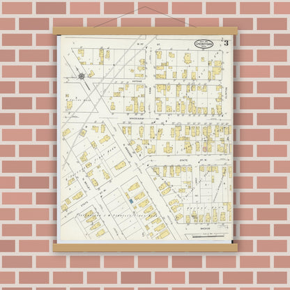 Old map wall art mockup — magnetic wood frame on brick wall — Sanborn Fire Insurance Map from Cheboygan, Cheboygan County, Michigan (1915), Sheet #0003