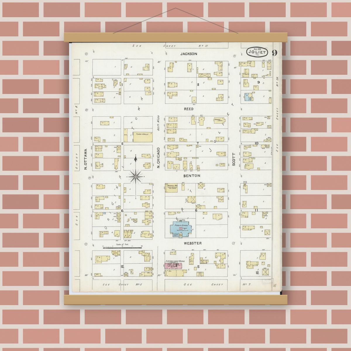 Old map wall art mockup — magnetic wood frame on brick wall — Sanborn Fire Insurance Map from Joliet, Will County, Illinois (1891), Sheet #0009