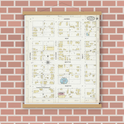 Old map wall art mockup — magnetic wood frame on brick wall — Sanborn Fire Insurance Map from Joliet, Will County, Illinois (1891), Sheet #0009