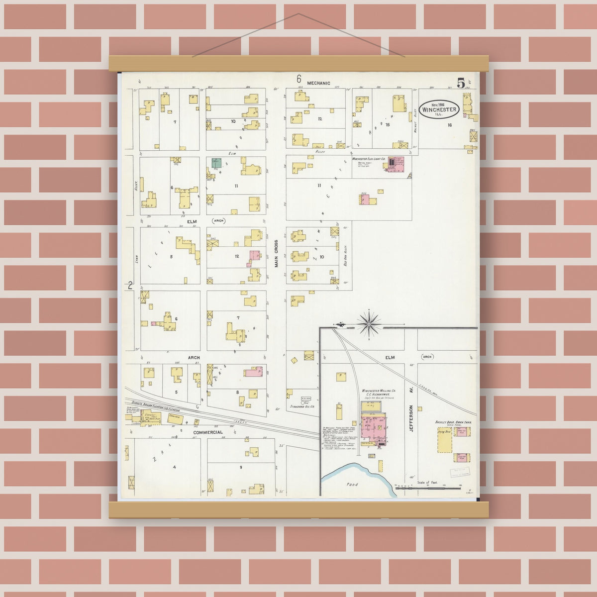 Old map wall art mockup — magnetic wood frame on brick wall — Sanborn Fire Insurance Map from Winchester, Scott County, Illinois (1906), Sheet #0005