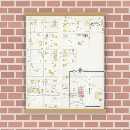 Old map wall art mockup — magnetic wood frame on brick wall — Sanborn Fire Insurance Map from Winchester, Scott County, Illinois (1906), Sheet #0005