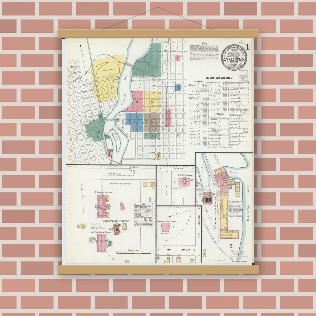Old map wall art mockup — magnetic wood frame on brick wall — Sanborn Fire Insurance Map from Little Falls, Morrison County, Minnesota (1902) - Complete Map Set