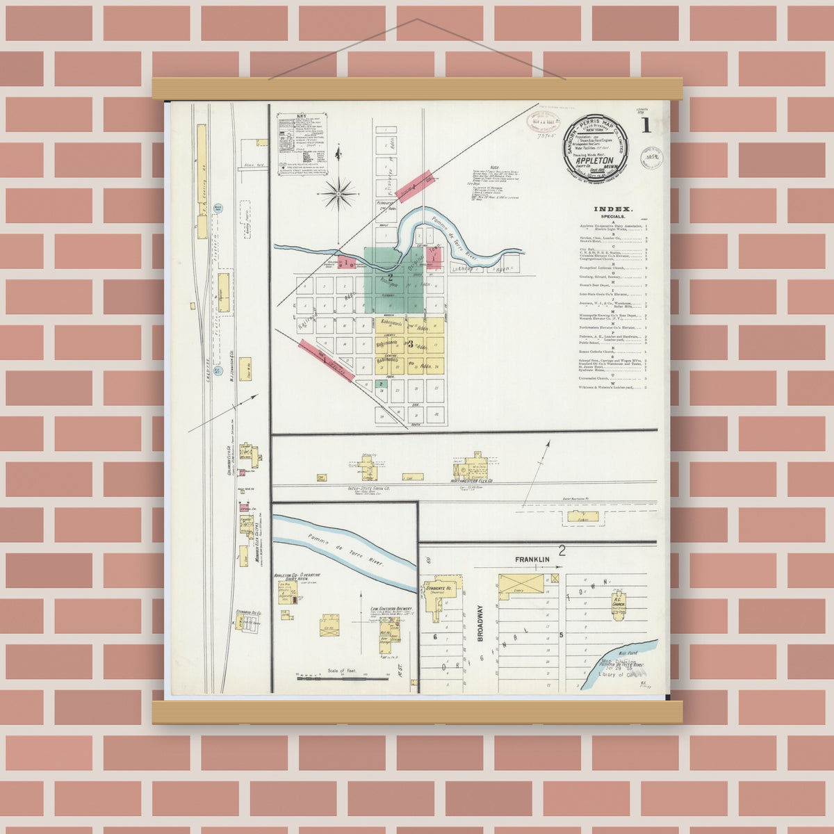 Old map wall art mockup — magnetic wood frame on brick wall — Sanborn Fire Insurance Map from Appleton, Swift County, Minnesota (1899), Sheet #0001