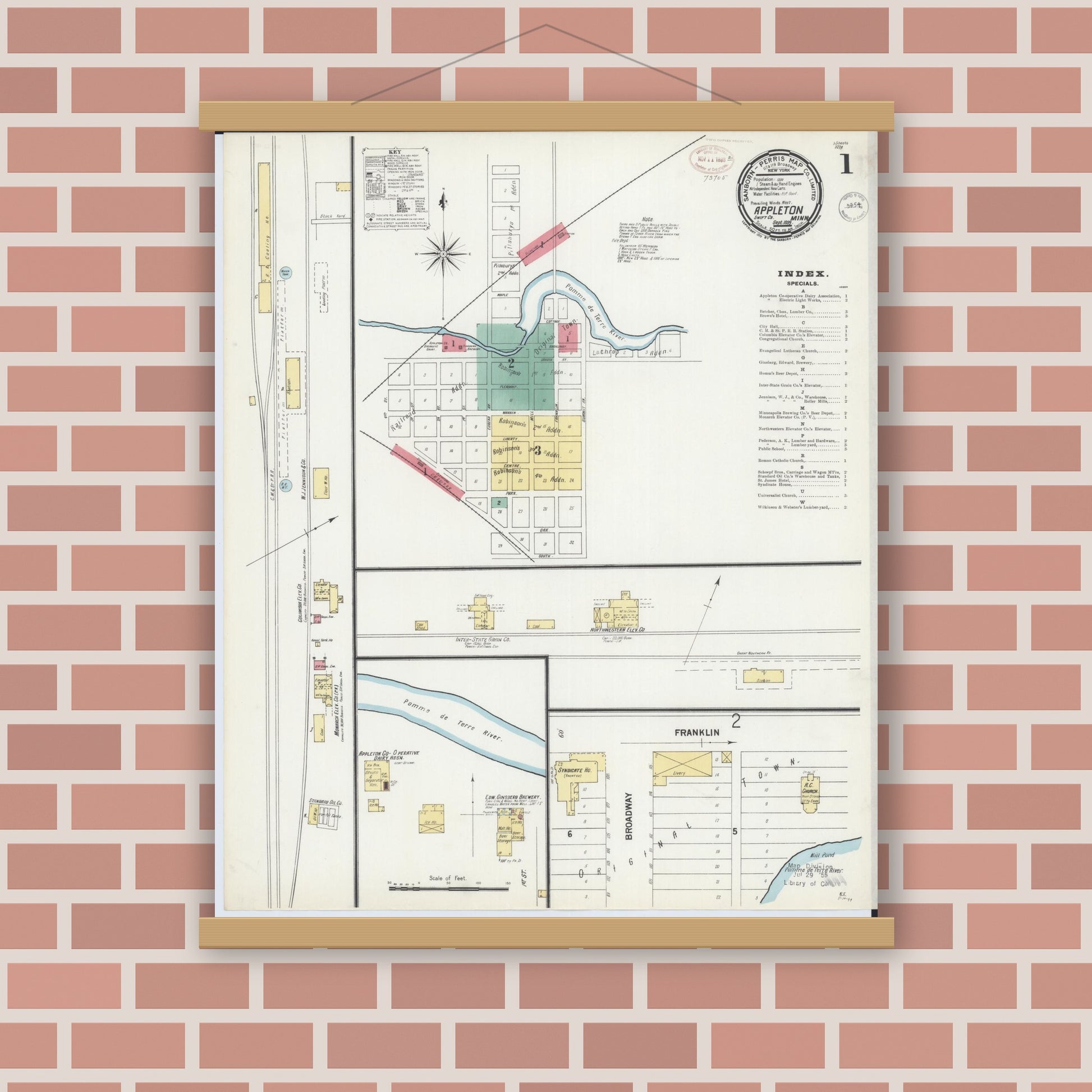 Old map wall art mockup — magnetic wood frame on brick wall — Sanborn Fire Insurance Map from Appleton, Swift County, Minnesota (1899), Sheet #0001