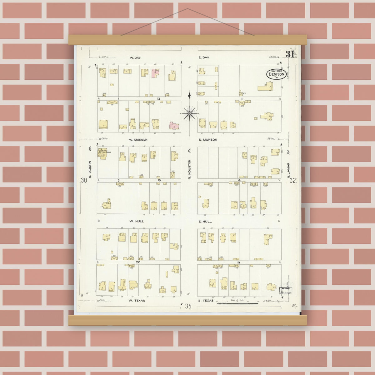 Old map wall art mockup — magnetic wood frame on brick wall — Sanborn Fire Insurance Map from Denison, Grayson County, Texas (1908), Sheet #0031