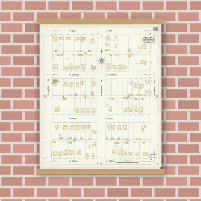 Old map wall art mockup — magnetic wood frame on brick wall — Sanborn Fire Insurance Map from Denison, Grayson County, Texas (1908), Sheet #0031