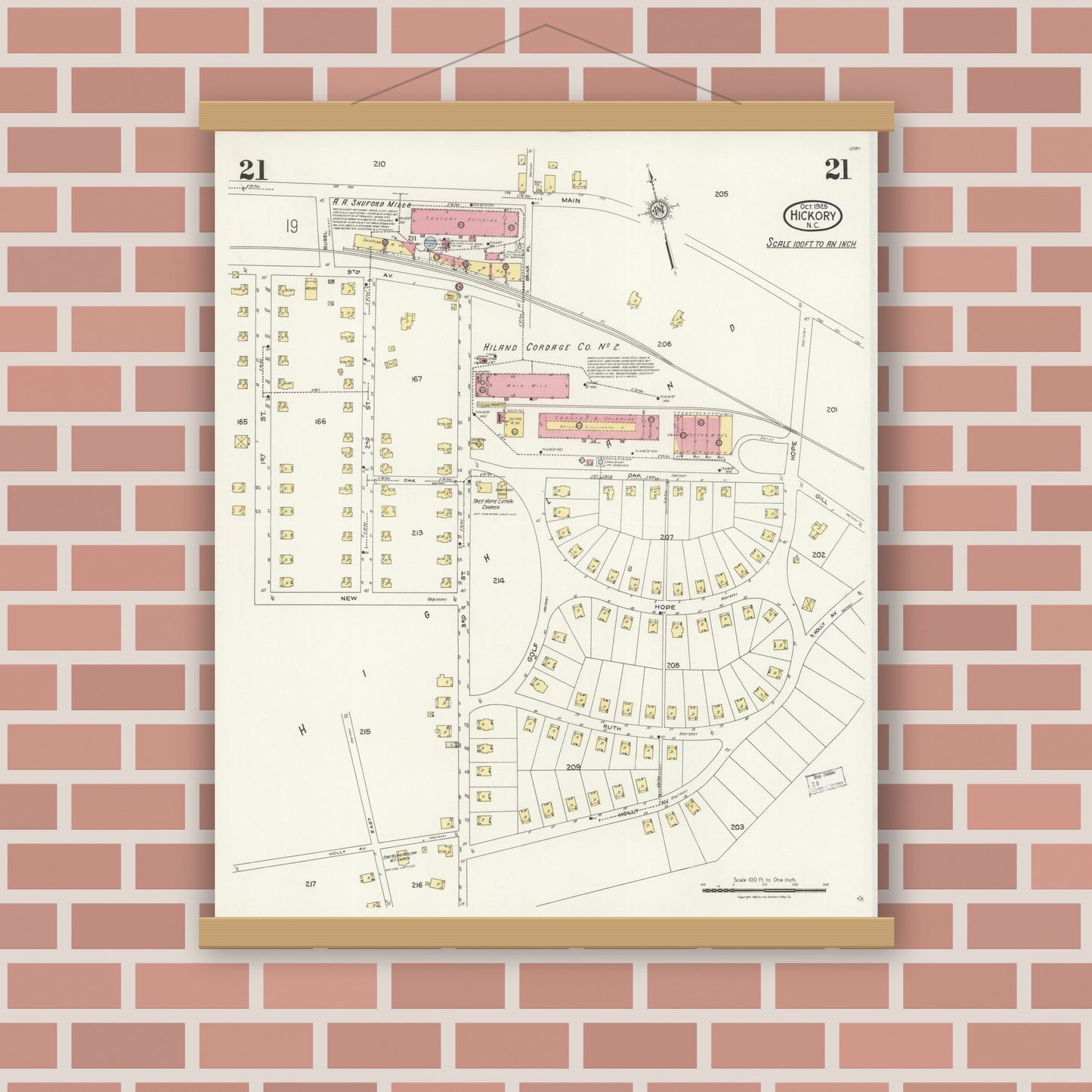 Old map wall art mockup — magnetic wood frame on brick wall — Sanborn Fire Insurance Map from Hickory, Catawba County, North Carolina (1925), Sheet #0021