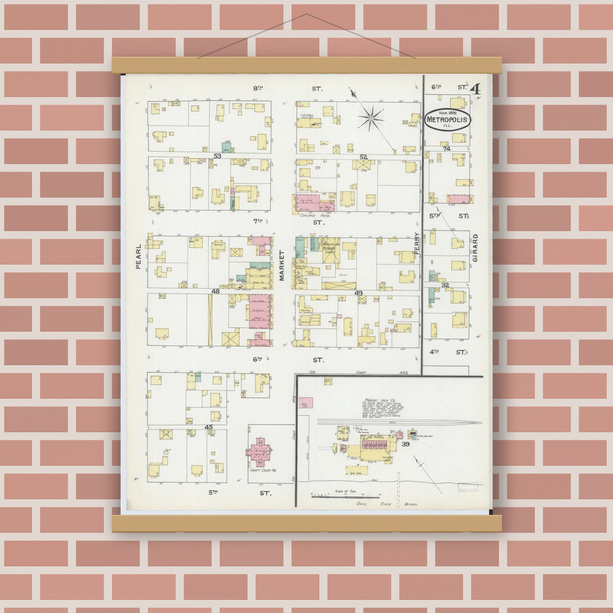 Old map wall art mockup — magnetic wood frame on brick wall — Sanborn Fire Insurance Map from Metropolis, Massac County, Illinois (1892), Sheet #0004