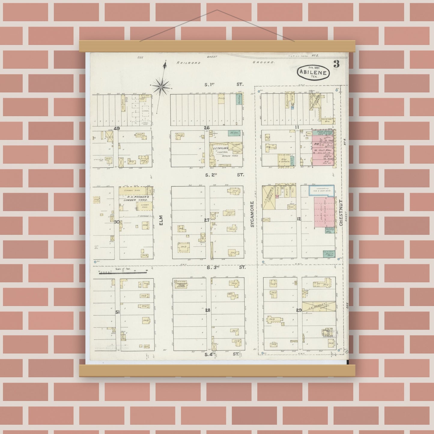 Old map wall art mockup — magnetic wood frame on brick wall — Sanborn Fire Insurance Map from Abilene, Taylor County, Texas (1891), Sheet #0003