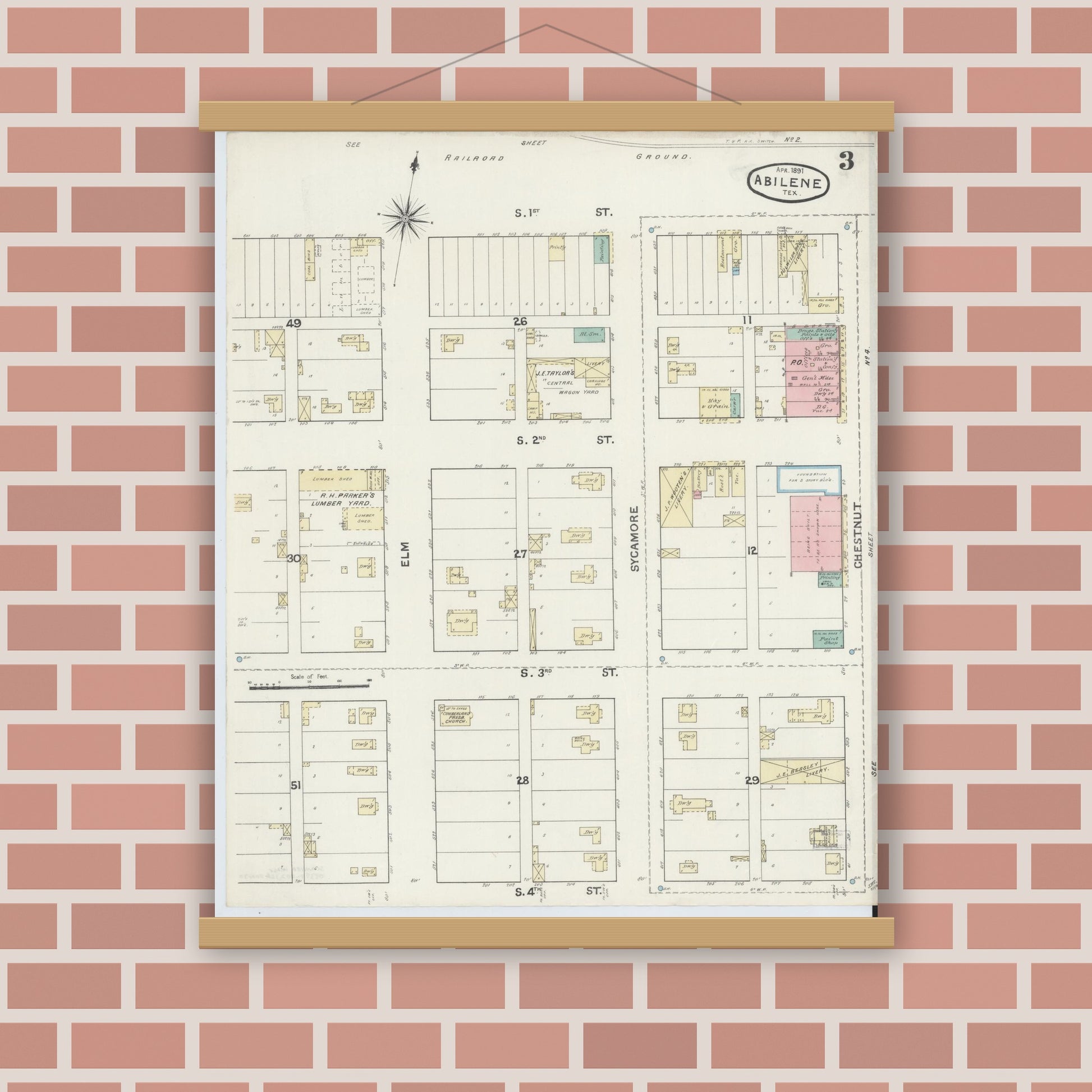 Old map wall art mockup — magnetic wood frame on brick wall — Sanborn Fire Insurance Map from Abilene, Taylor County, Texas (1891), Sheet #0003