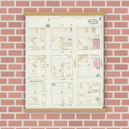 Old map wall art mockup — magnetic wood frame on brick wall — Sanborn Fire Insurance Map from Abilene, Taylor County, Texas (1891), Sheet #0003