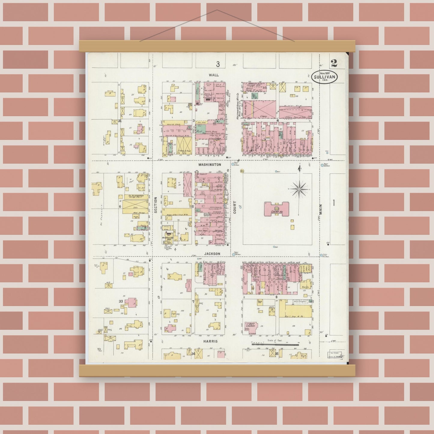 Old map wall art mockup — magnetic wood frame on brick wall — Sanborn Fire Insurance Map from Sullivan, Sullivan County, Indiana (1897), Sheet #0002
