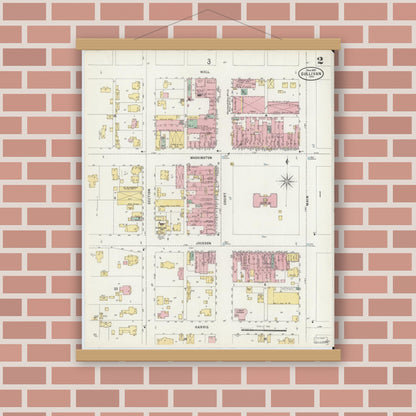 Old map wall art mockup — magnetic wood frame on brick wall — Sanborn Fire Insurance Map from Sullivan, Sullivan County, Indiana (1897), Sheet #0002