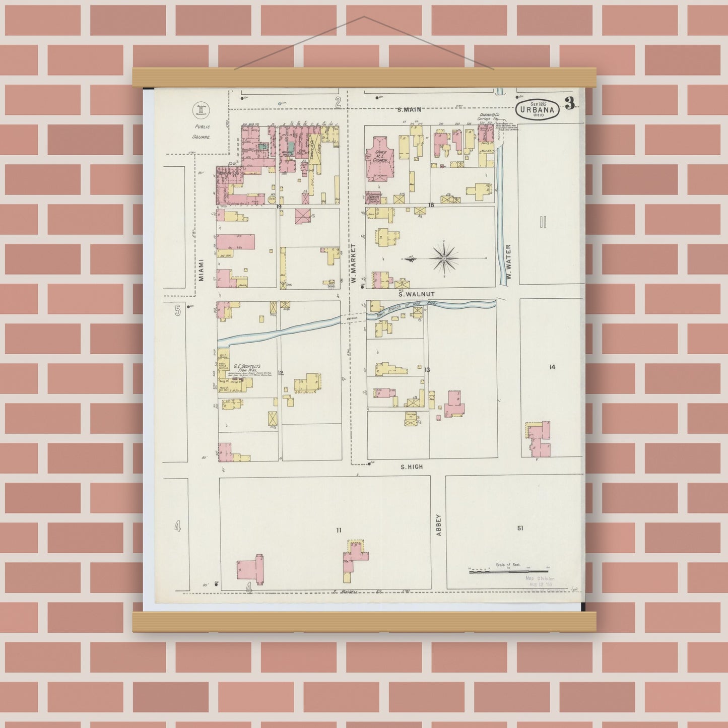 Old map wall art mockup — magnetic wood frame on brick wall — Sanborn Fire Insurance Map from Urbana, Champaign County, Ohio (1895), Sheet #0003