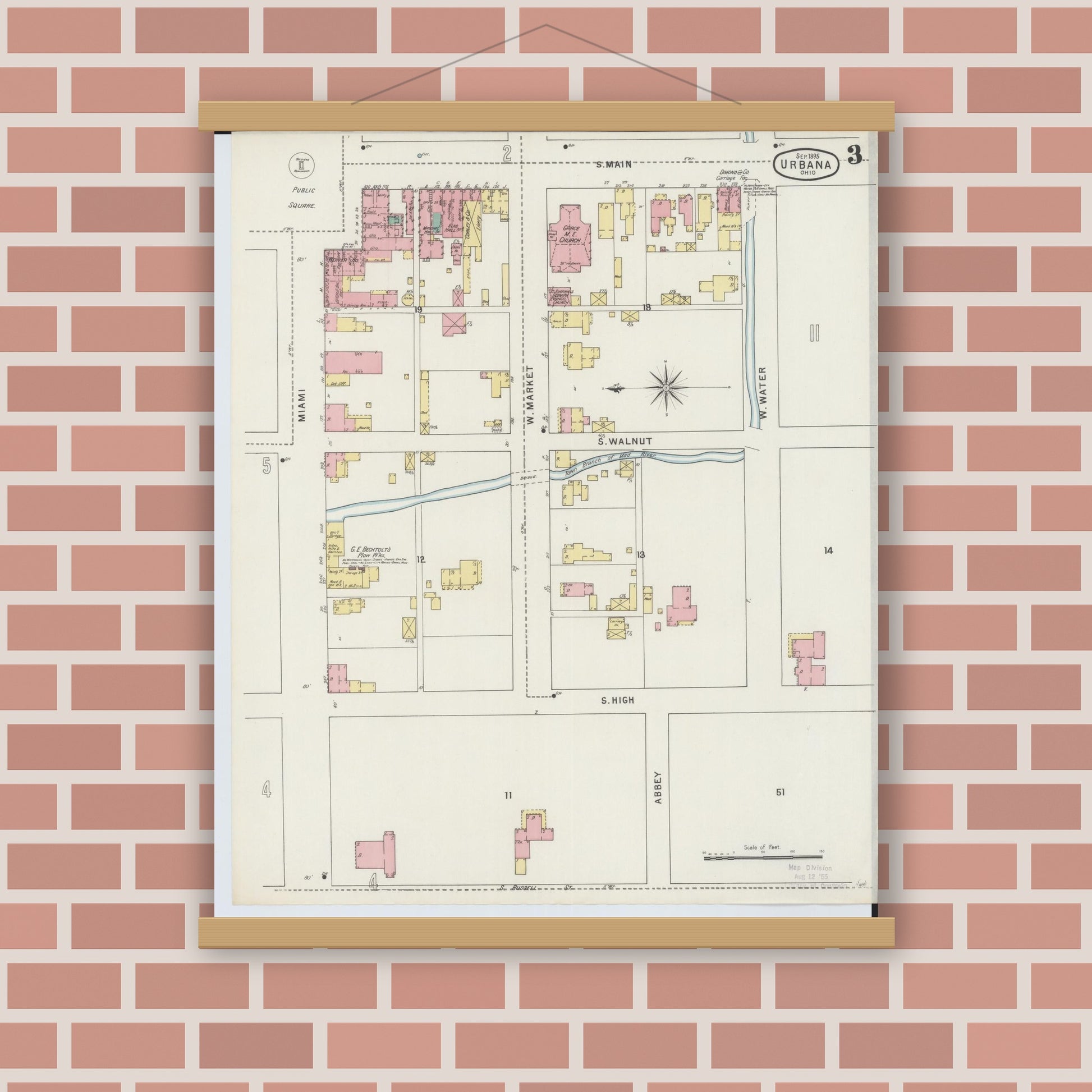 Old map wall art mockup — magnetic wood frame on brick wall — Sanborn Fire Insurance Map from Urbana, Champaign County, Ohio (1895), Sheet #0003