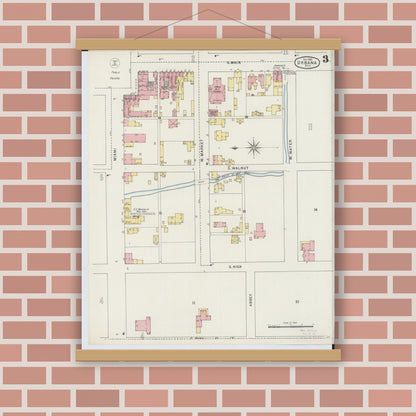 Old map wall art mockup — magnetic wood frame on brick wall — Sanborn Fire Insurance Map from Urbana, Champaign County, Ohio (1895), Sheet #0003