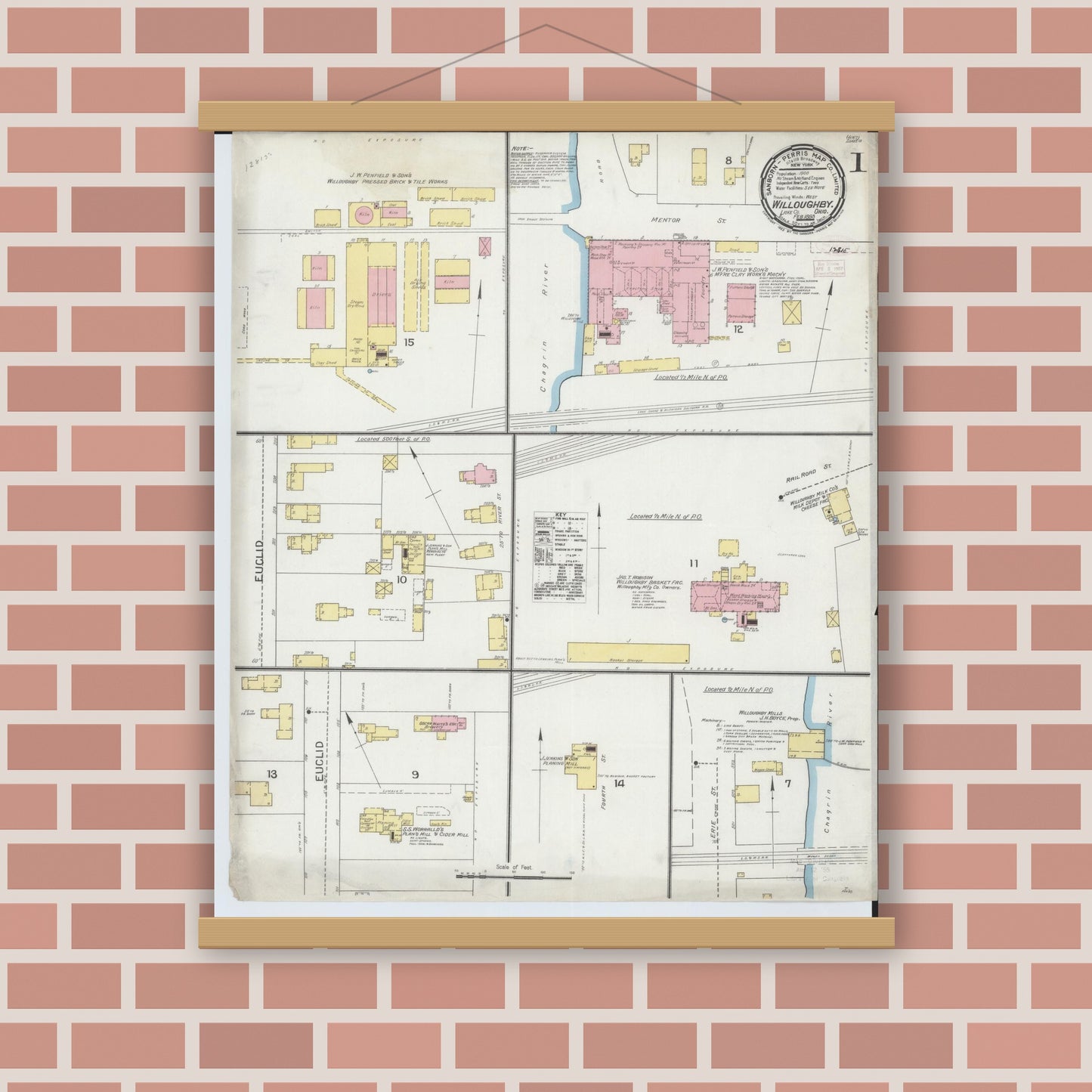 Old map wall art mockup — magnetic wood frame on brick wall — Sanborn Fire Insurance Map from Willoughby, Lake County, Ohio (1893) - Complete Map Set