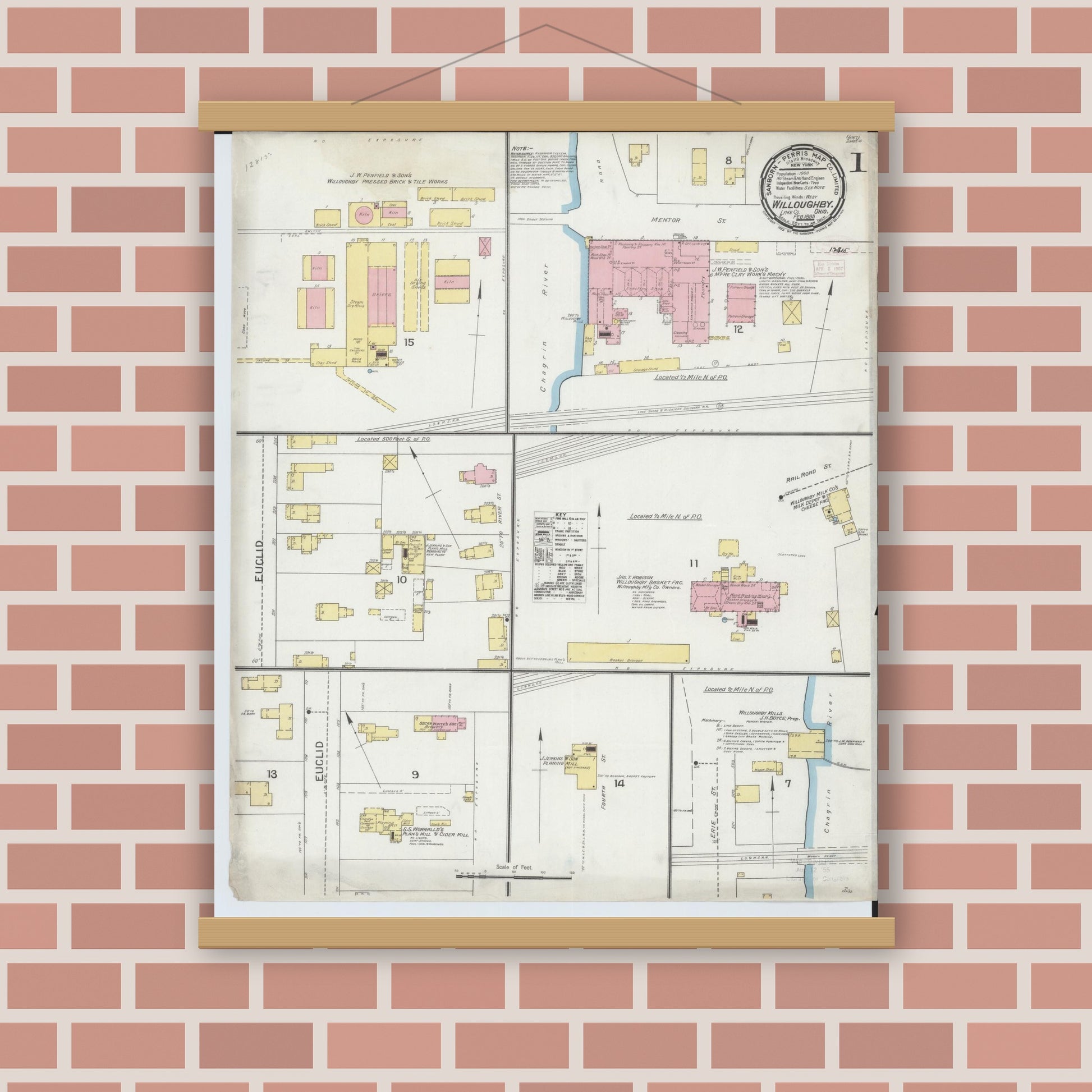 Old map wall art mockup — magnetic wood frame on brick wall — Sanborn Fire Insurance Map from Willoughby, Lake County, Ohio (1893) - Complete Map Set