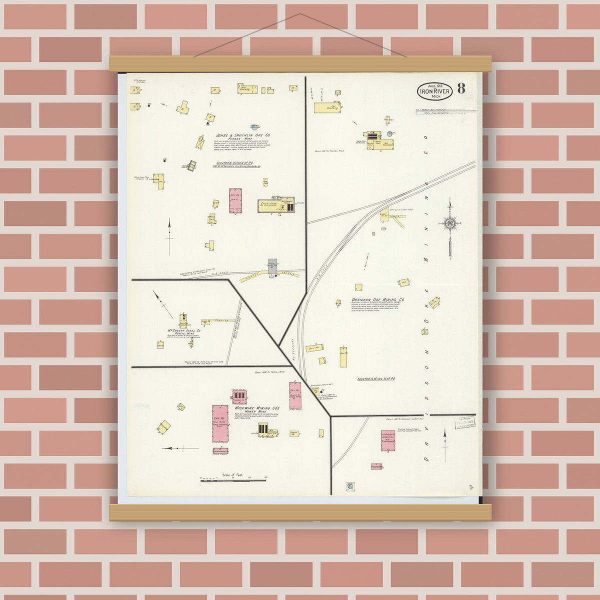 Old map wall art mockup — magnetic wood frame on brick wall — Sanborn Fire Insurance Map from Iron River, Iron County, Michigan (1913), Sheet #0008