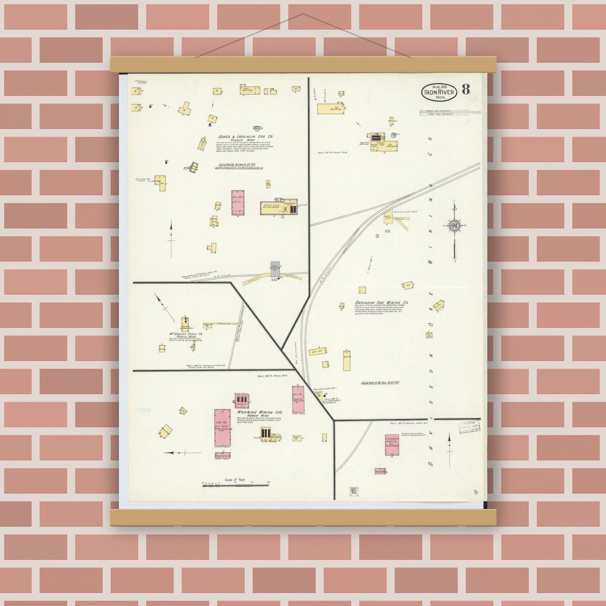 Old map wall art mockup — magnetic wood frame on brick wall — Sanborn Fire Insurance Map from Iron River, Iron County, Michigan (1913), Sheet #0008