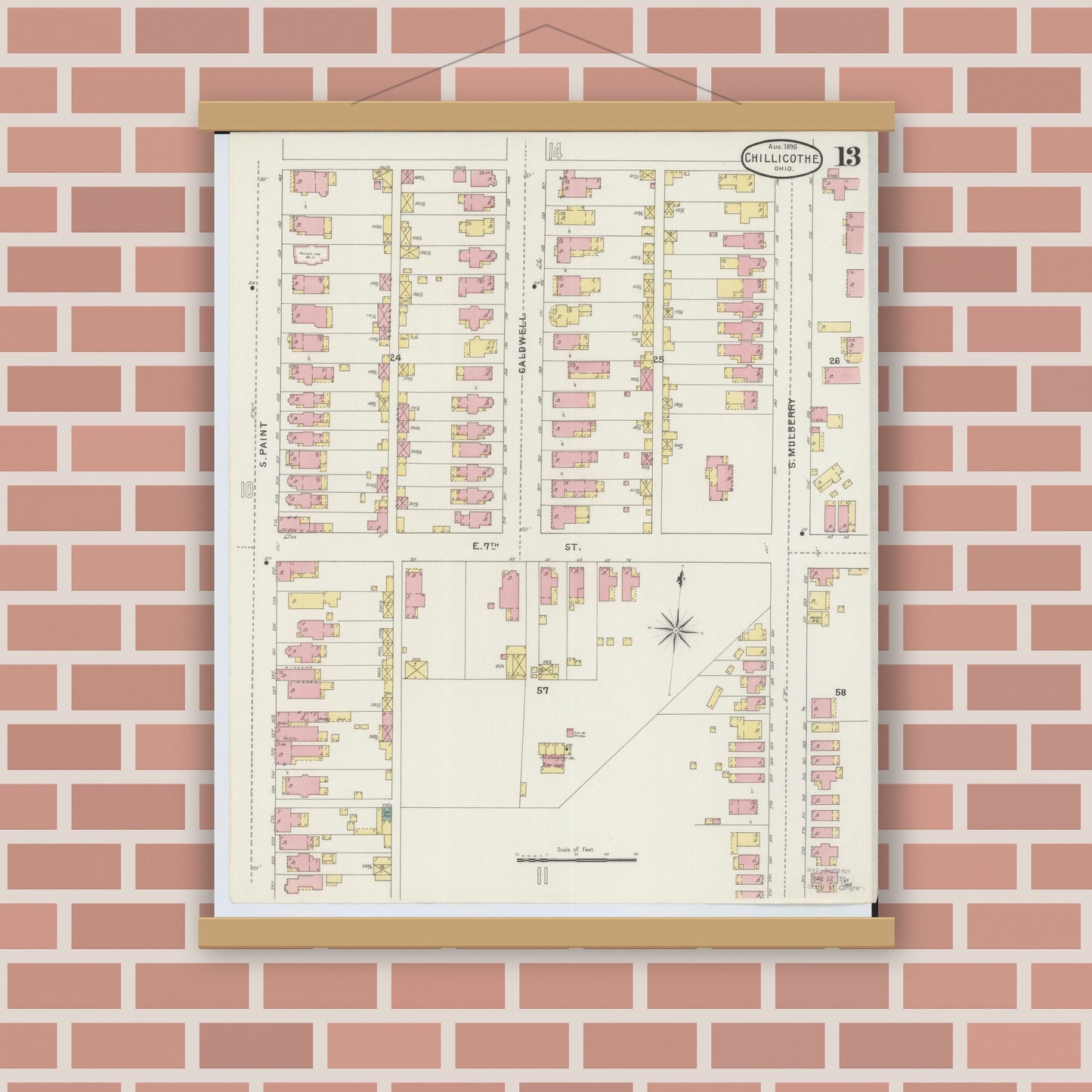 Old map wall art mockup — magnetic wood frame on brick wall — Sanborn Fire Insurance Map from Chillicothe, Ross County, Ohio (1895), Sheet #0013