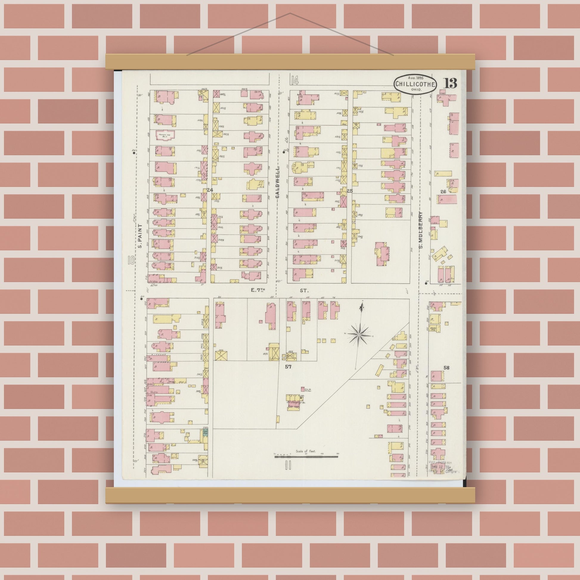 Old map wall art mockup — magnetic wood frame on brick wall — Sanborn Fire Insurance Map from Chillicothe, Ross County, Ohio (1895), Sheet #0013
