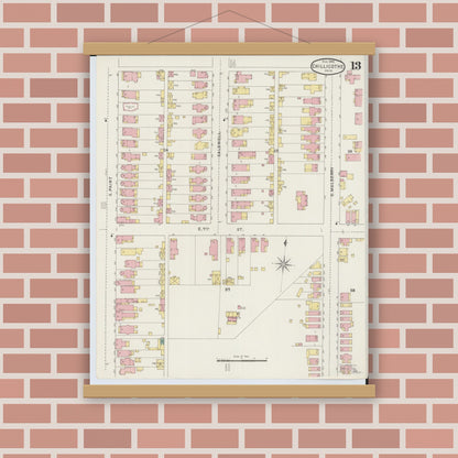 Old map wall art mockup — magnetic wood frame on brick wall — Sanborn Fire Insurance Map from Chillicothe, Ross County, Ohio (1895), Sheet #0013