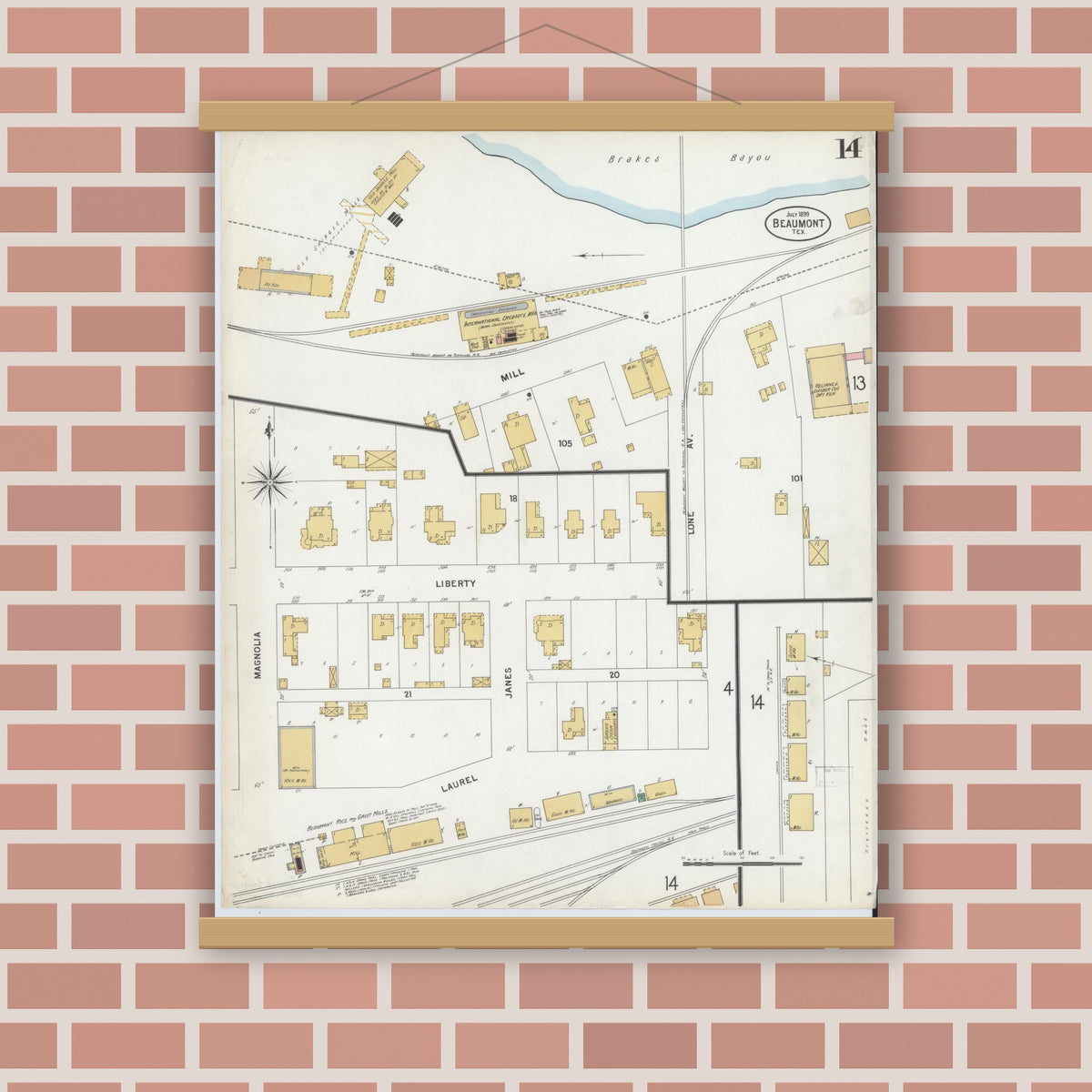 Old map wall art mockup — magnetic wood frame on brick wall — Sanborn Fire Insurance Map from Beaumont, Jefferson County, Texas (1899), Sheet #0014