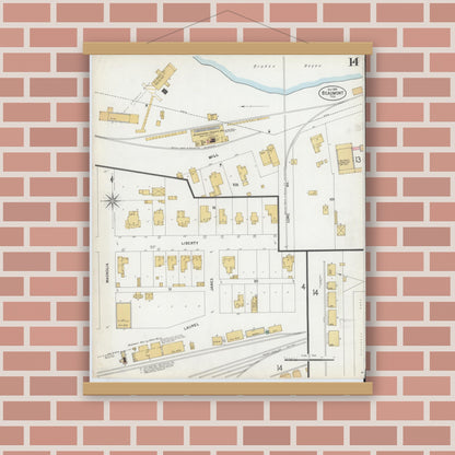 Old map wall art mockup — magnetic wood frame on brick wall — Sanborn Fire Insurance Map from Beaumont, Jefferson County, Texas (1899), Sheet #0014