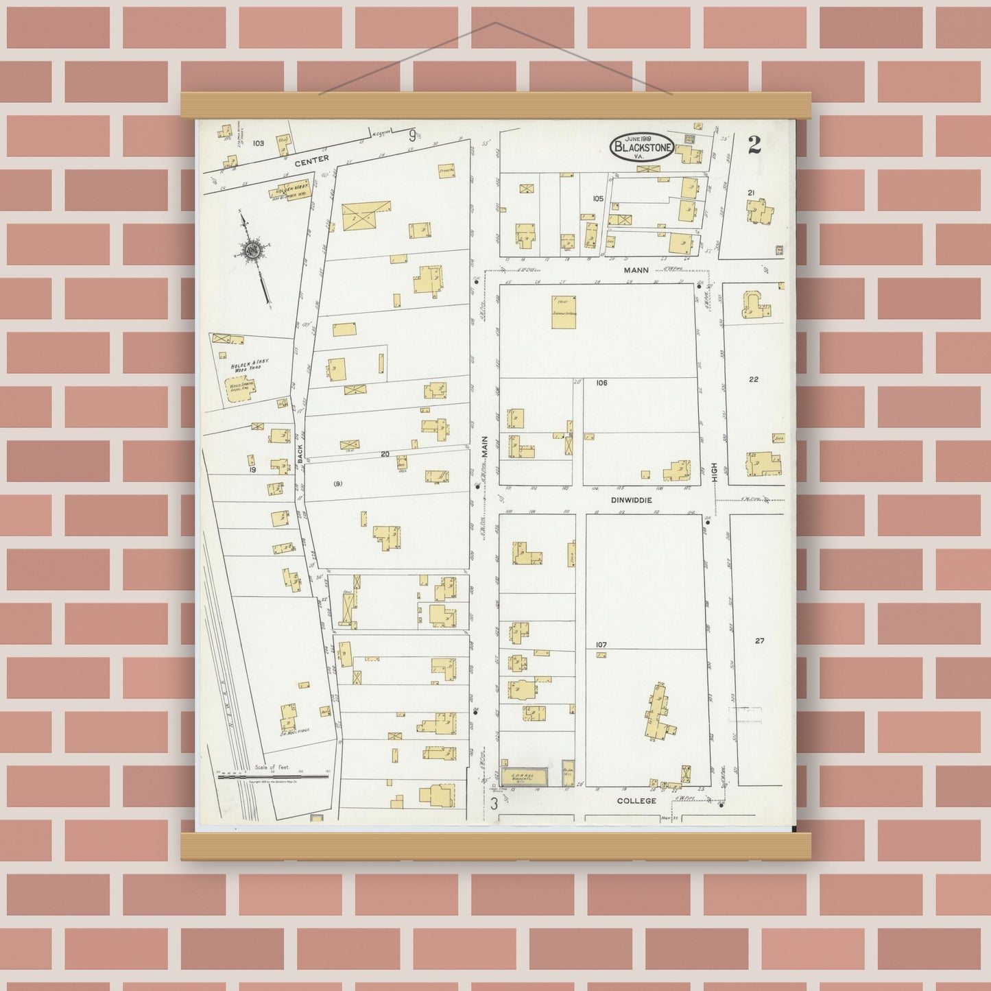 Old map wall art mockup — magnetic wood frame on brick wall — Sanborn Fire Insurance Map from Blackstone, Nottoway County, Virginia (1919), Sheet #0002