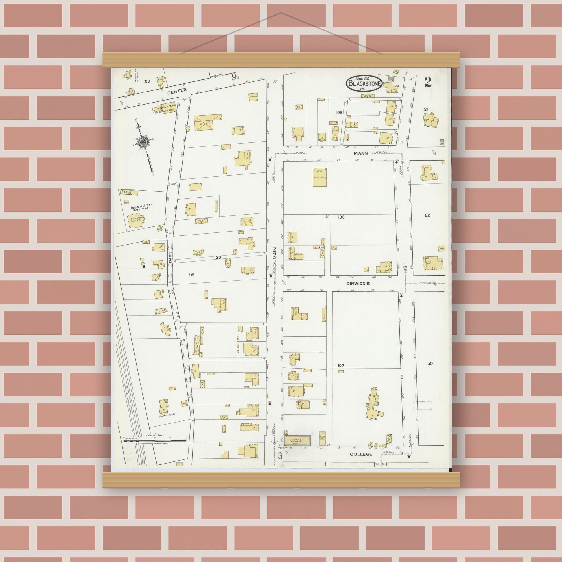 Old map wall art mockup — magnetic wood frame on brick wall — Sanborn Fire Insurance Map from Blackstone, Nottoway County, Virginia (1919), Sheet #0002