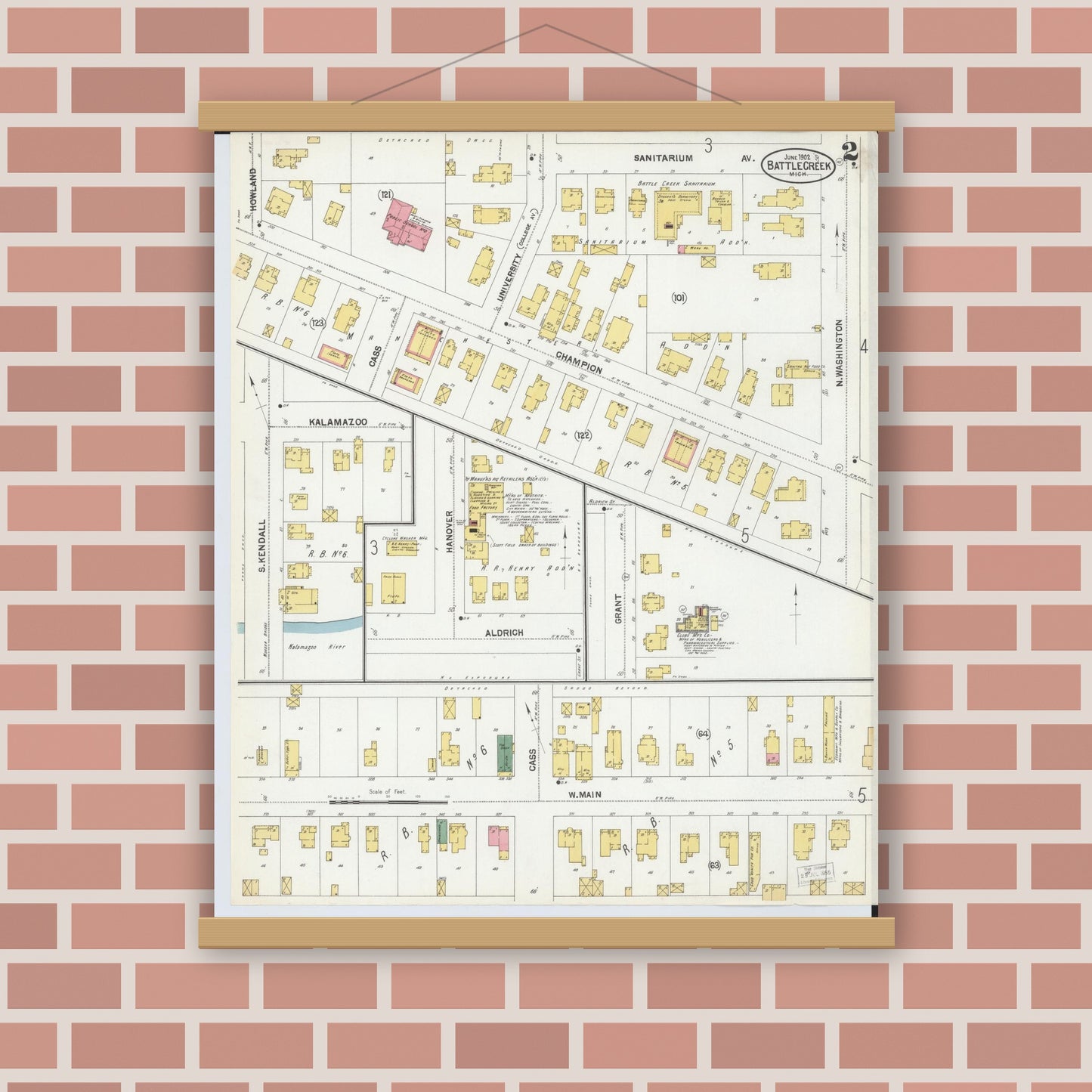 Old map wall art mockup — magnetic wood frame on brick wall — Sanborn Fire Insurance Map from Battle Creek, Calhoun County, Michigan (1902), Sheet #0002