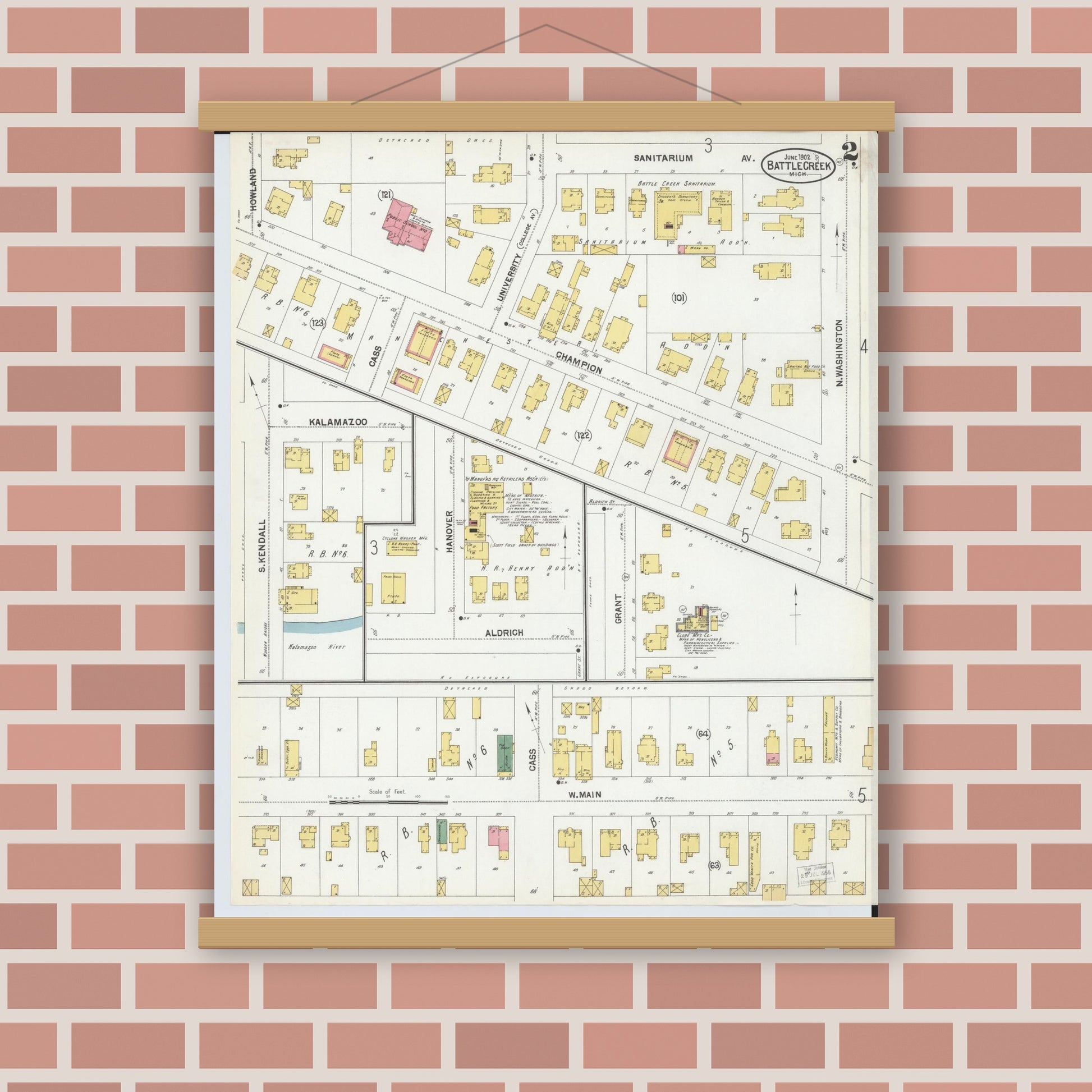 Old map wall art mockup — magnetic wood frame on brick wall — Sanborn Fire Insurance Map from Battle Creek, Calhoun County, Michigan (1902), Sheet #0002
