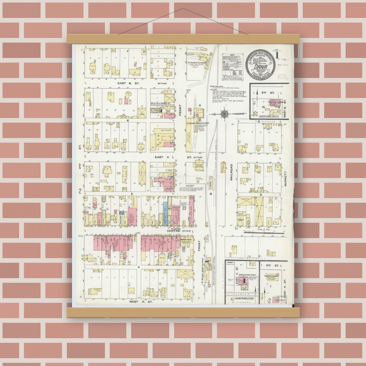 Old map wall art mockup — magnetic wood frame on brick wall — Sanborn Fire Insurance Map from Dana, Vermillion County, Indiana (1910) - Complete Map Set