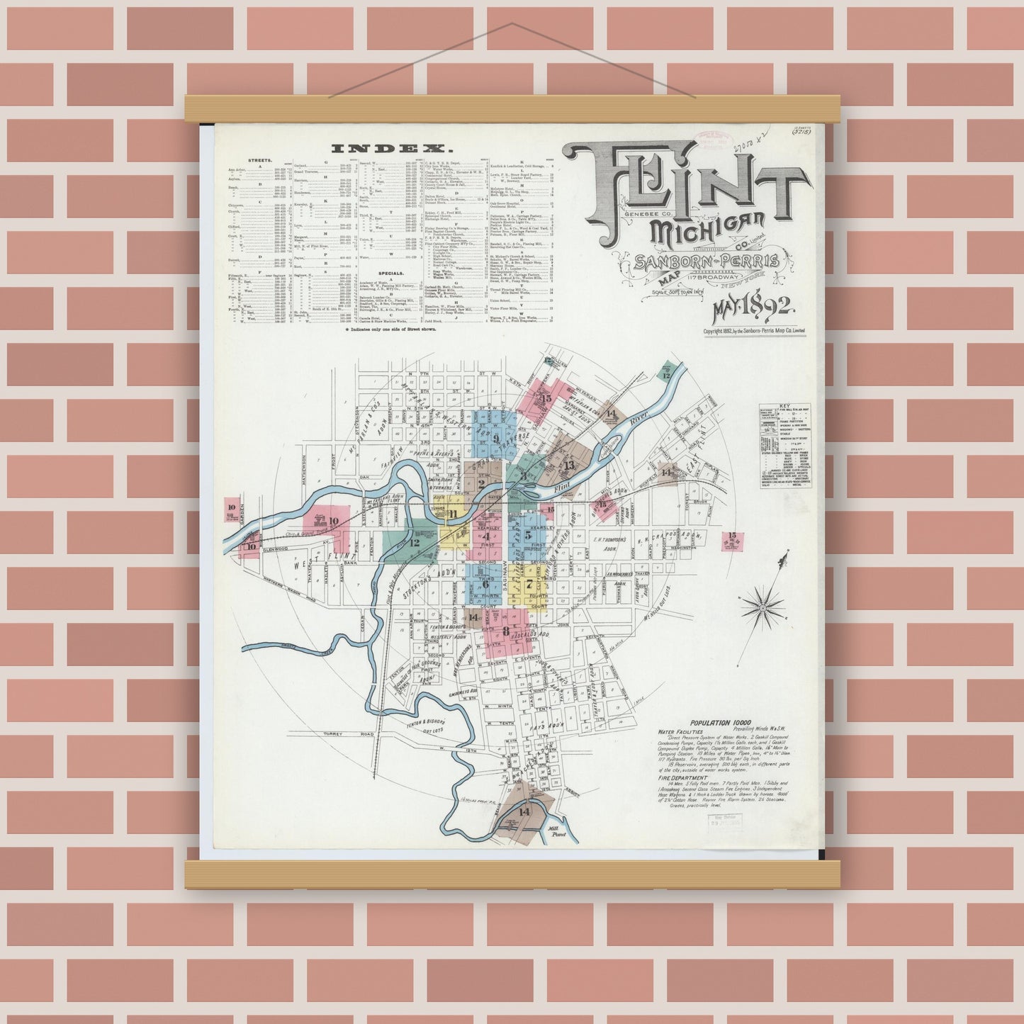 Old map wall art mockup — magnetic wood frame on brick wall — Sanborn Fire Insurance Map from Flint, Genesee County, Michigan (1892), Sheet #0001