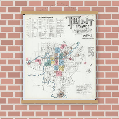 Old map wall art mockup — magnetic wood frame on brick wall — Sanborn Fire Insurance Map from Flint, Genesee County, Michigan (1892), Sheet #0001