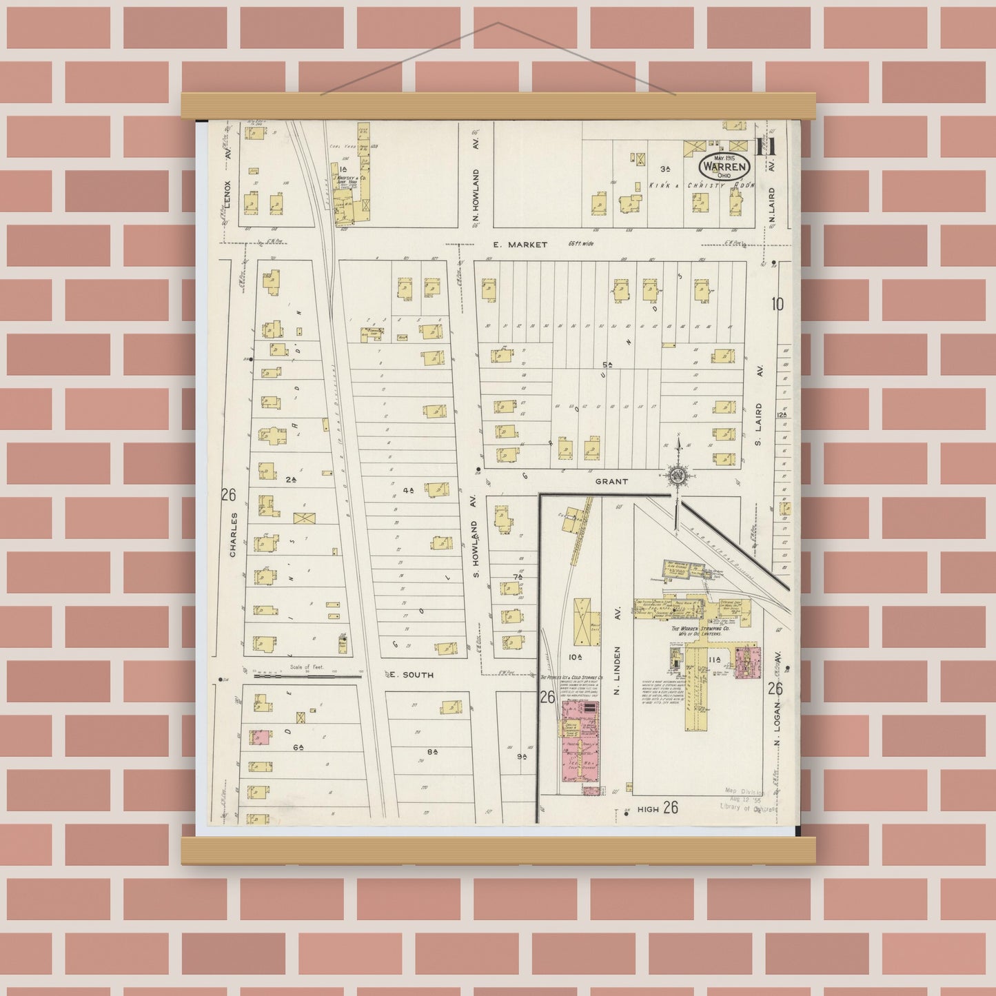 Old map wall art mockup — magnetic wood frame on brick wall — Sanborn Fire Insurance Map from Warren, Trumbull County, Ohio (1915), Sheet #0011